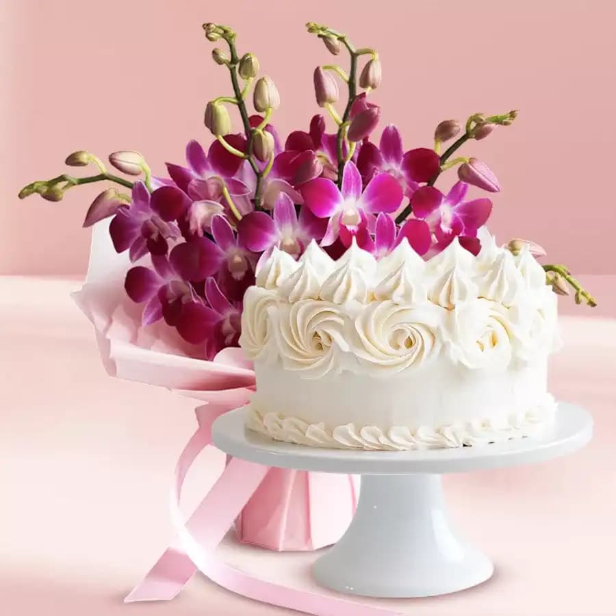 Marvelous Vanilla Cake with Orchids Bouquet