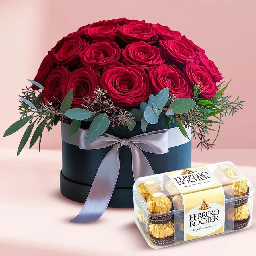 Romantic Red Roses Bucket with Ferrero Rocher Box