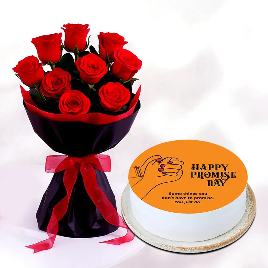 Exquisite Pink Roses Bouquet with Happy Promise Day Cake
