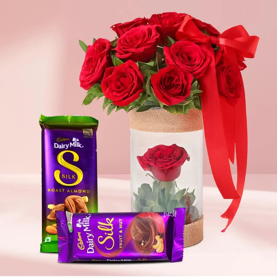 Classy Vase of 10 Red Roses with Cadbury Chocolate Bar