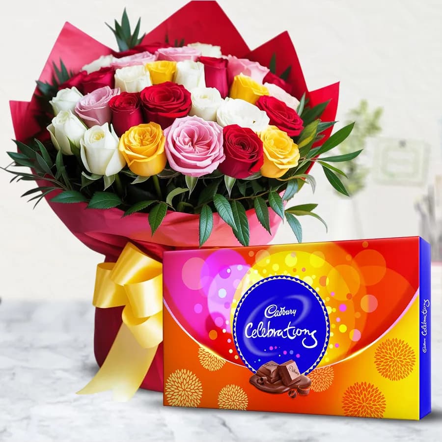 Amazing 30 Mixed Roses Arrangement with Cadbury Celebrations