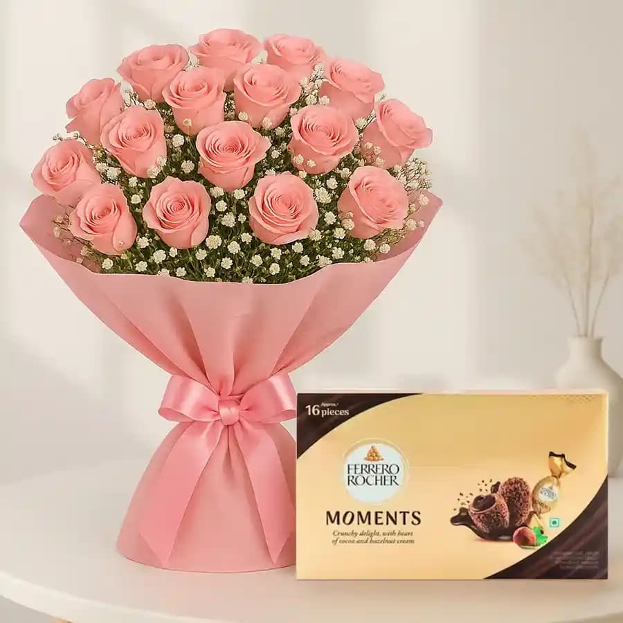 Blushing Elegance: 100 Pink Roses with Ferrero Treats