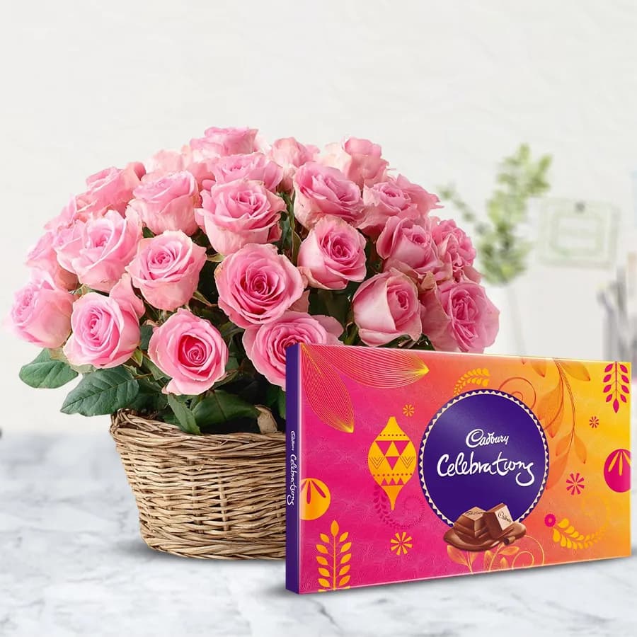 Lovers Story Pink Roses Basket with Cadbury Celebrations