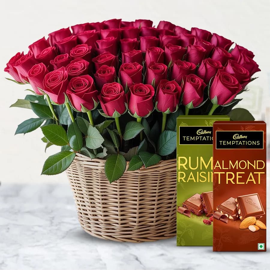 Resonating Love 50 Red Roses Arrangement with Tempting Temptations