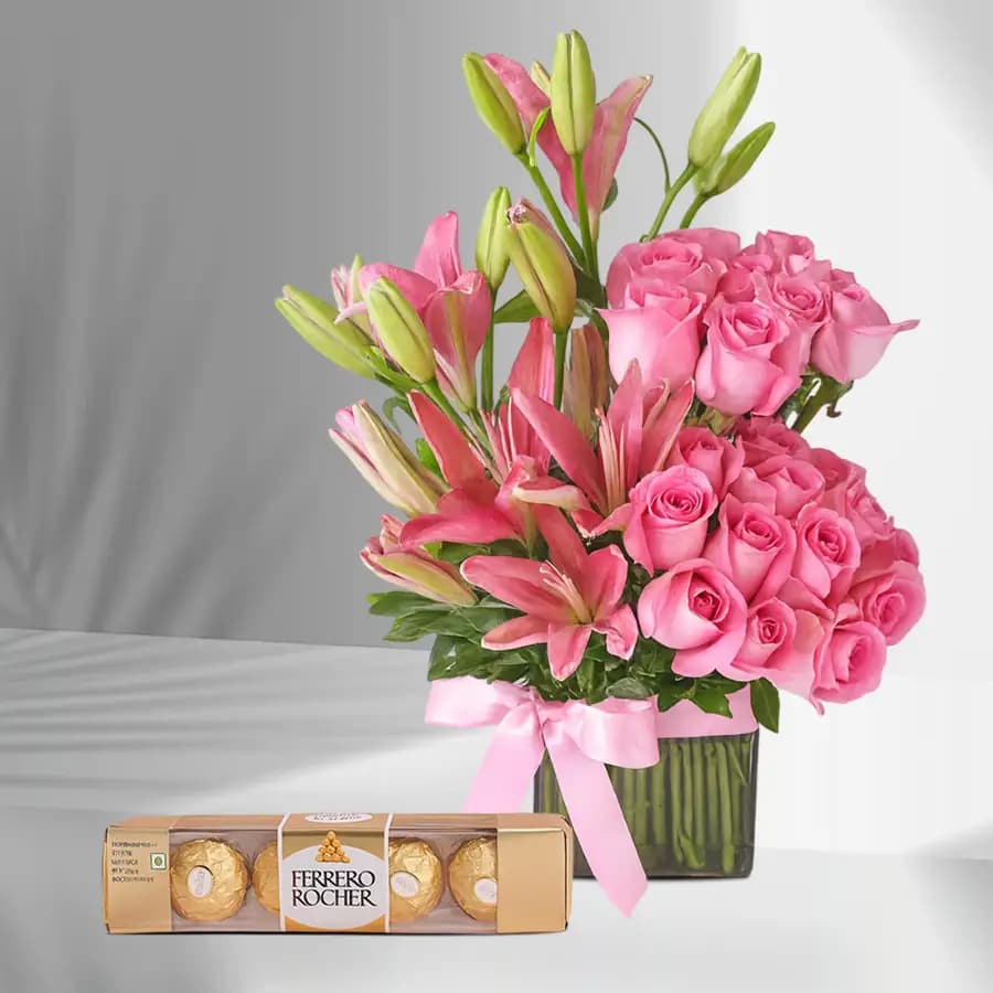 Pink Precision Mixed Flowers in Vase with Ferrero Rocher