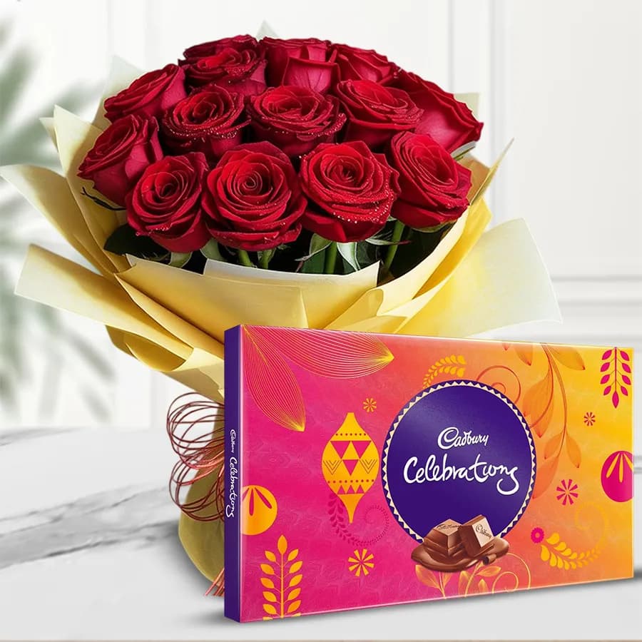 Romantic Combo of Cadbury Celebrations n Red Roses Bouquet