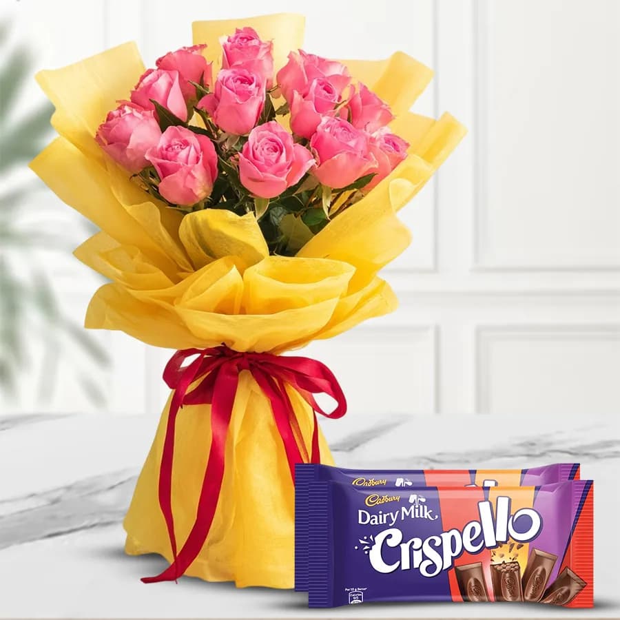 Splendid Pink Roses Bouquet with Cadbury Crispello Choco Bar