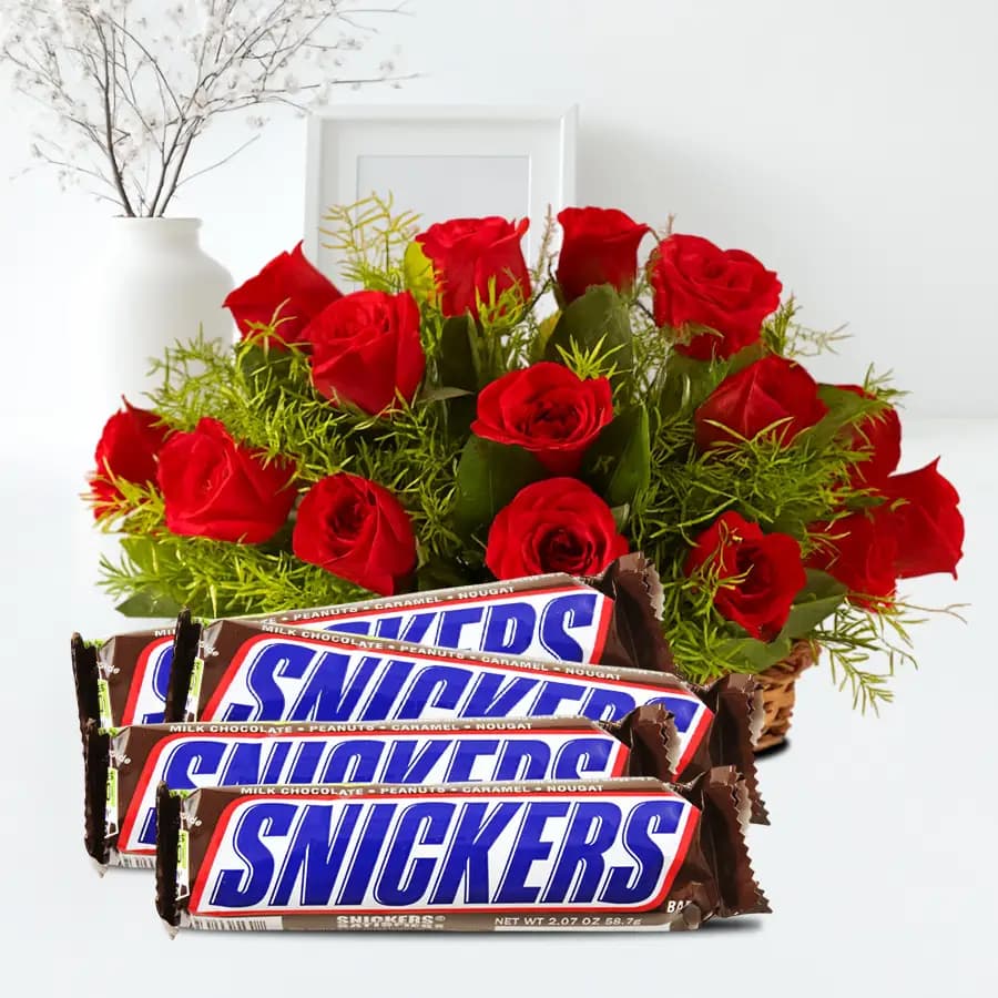 Gorgeous Red Roses Basket n Snickers Peanut Chocolate Bar Gift Combo