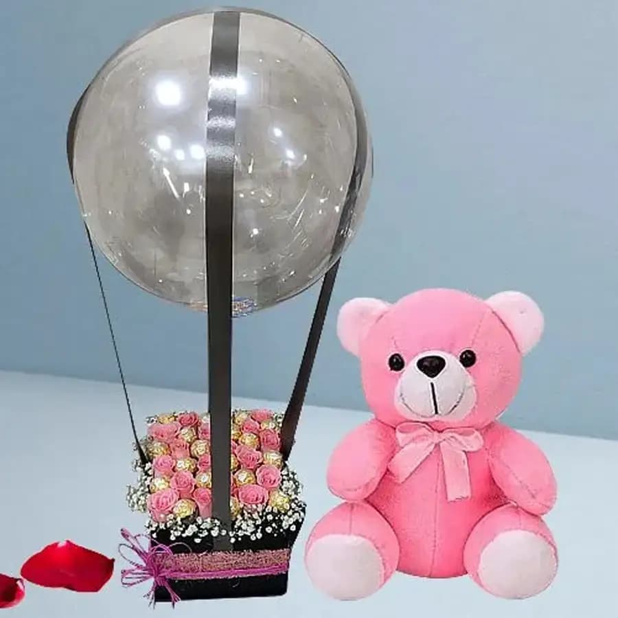 Expressive Pink Roses N Ferrero Rocher in Balloon Box with Lovable Teddy