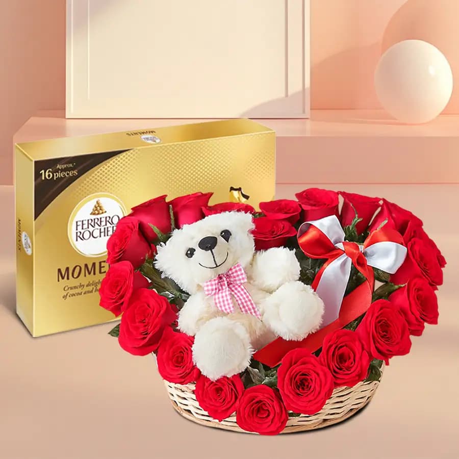 Beautifying Teddy on Roses Heart Basket Arrangment with Ferrero Rocher Chocolates