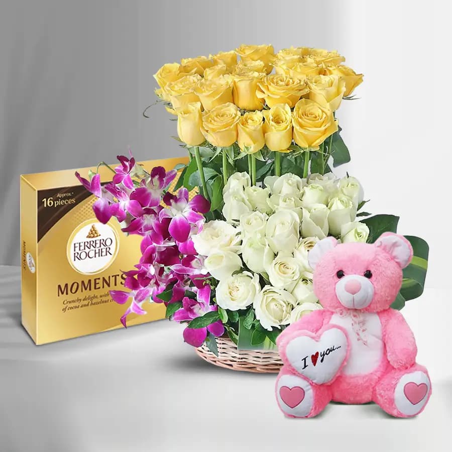 Admirable Assorted Flowers Basket with Ferrero Rocher Chocolates n 6in Teddy