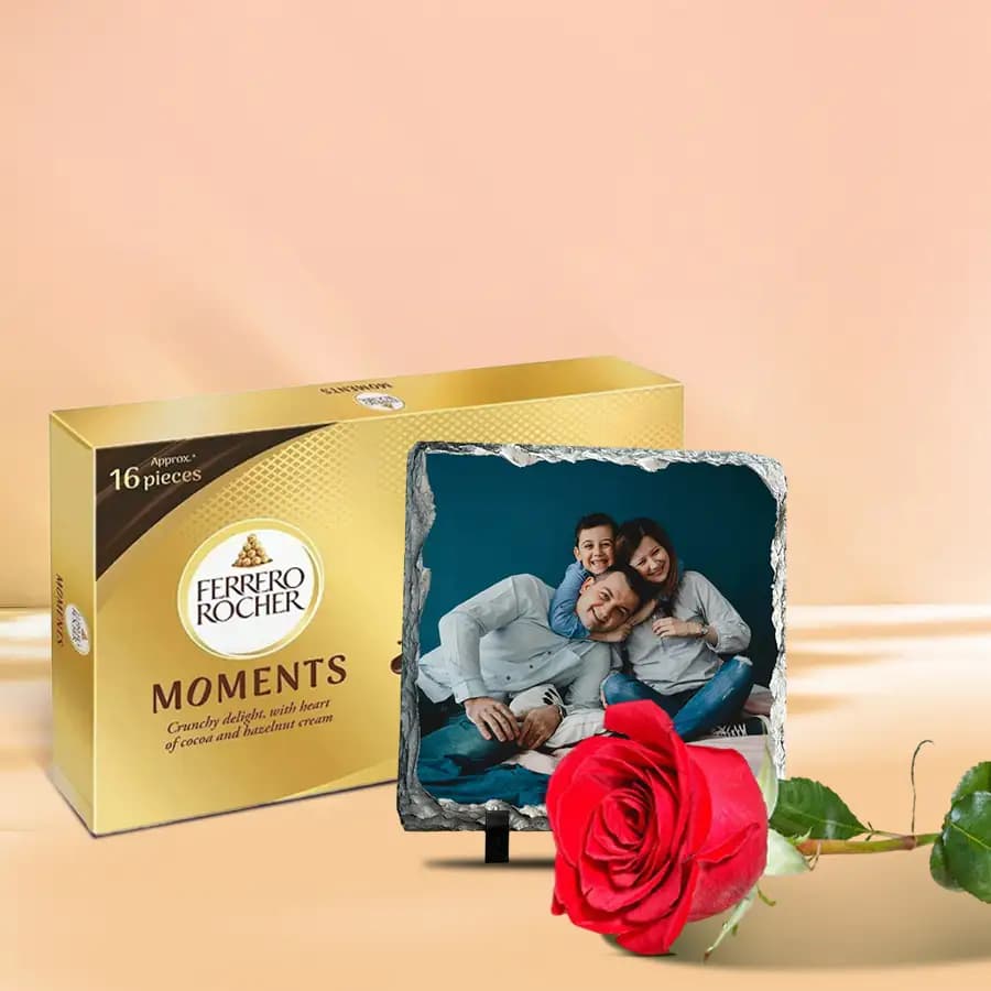 Remarkable Personalized Photo Tile with Ferrero Rocher Chocolates n a Single Rose