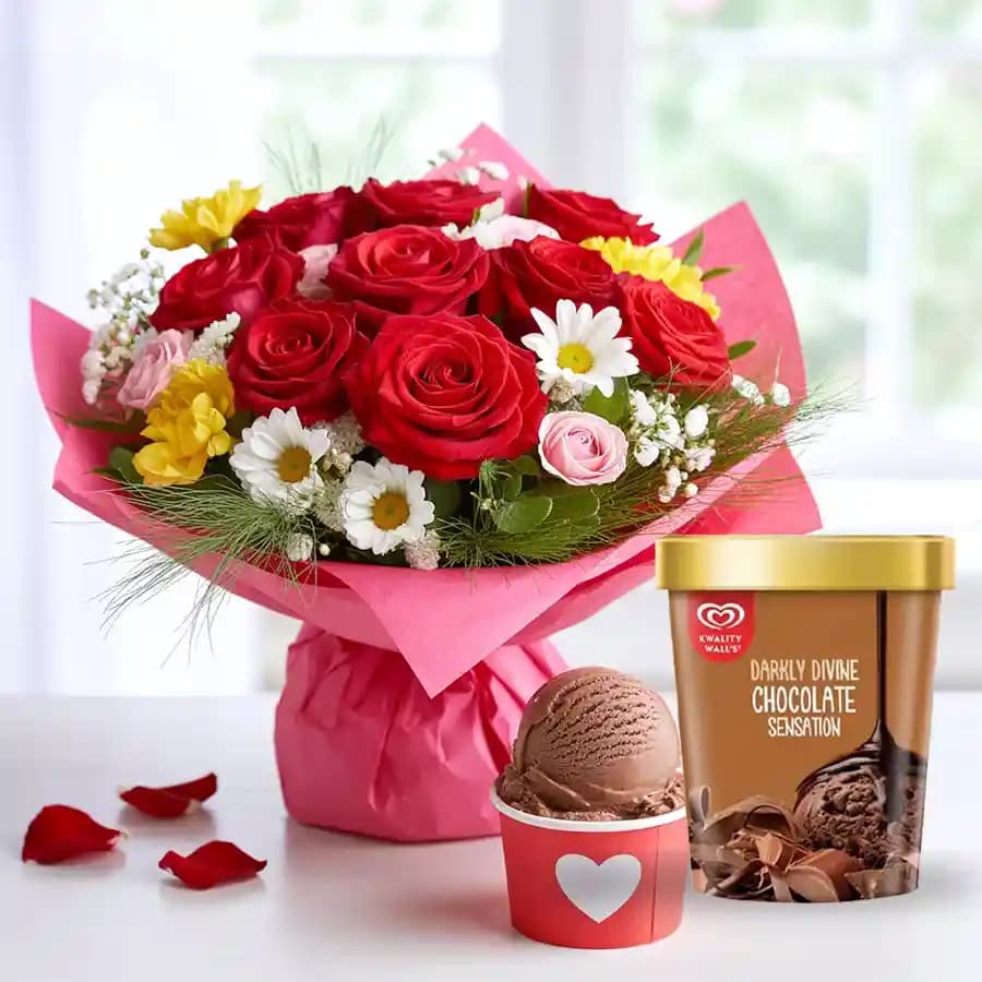 Premium Mixed Flower Arrangement with Chocolate Ice-Cream from Kwality Walls