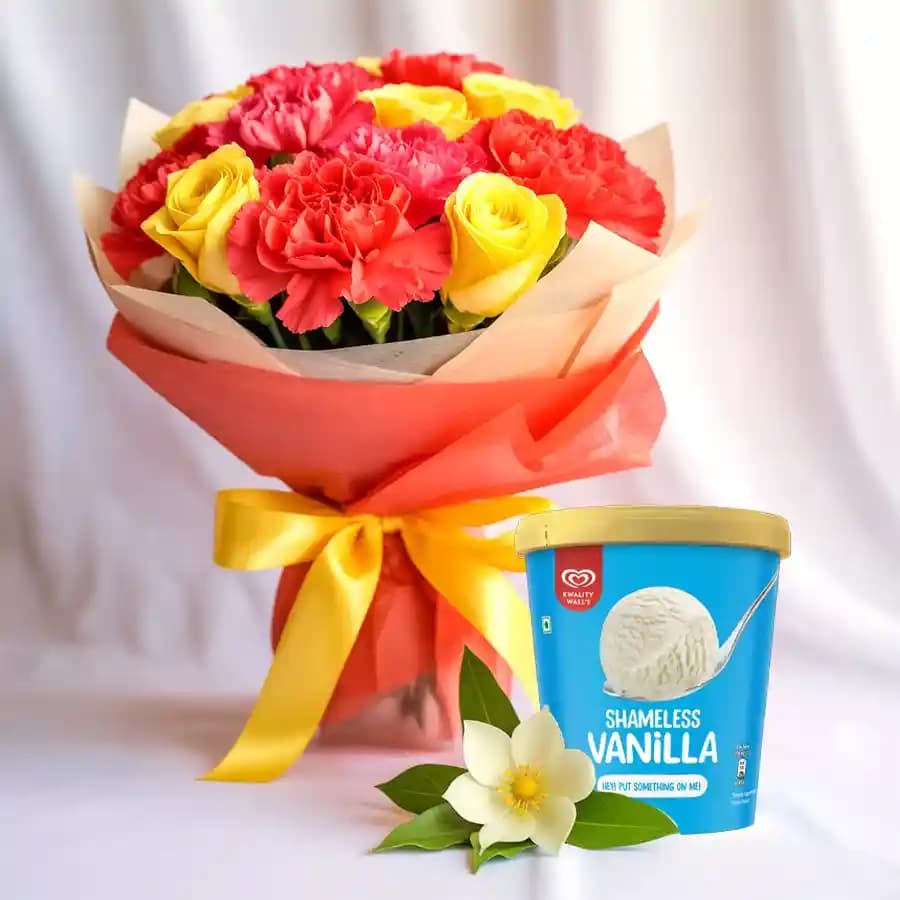Artistic Mixed Flowers Arrangement with Vanilla Ice Cream from Kwality Walls