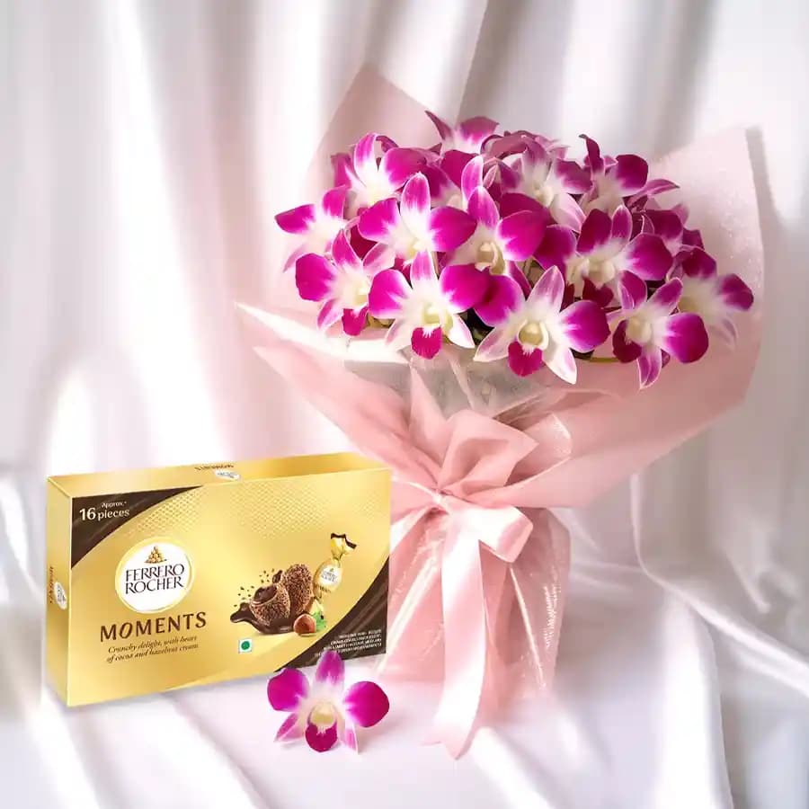 Fresh Bouquet of Orchids N Ferrero Rocher Chocolate Box