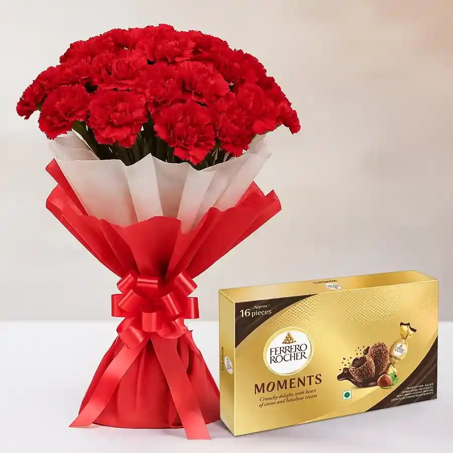 Gorgeous Red Carnations Bouquet with Ferrero Rocher Moments