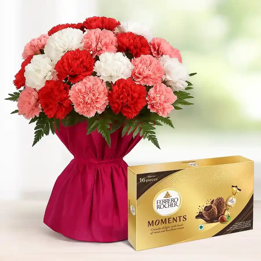 Multicoloured Carnations Bouquet With Ferrero Rocher Moments