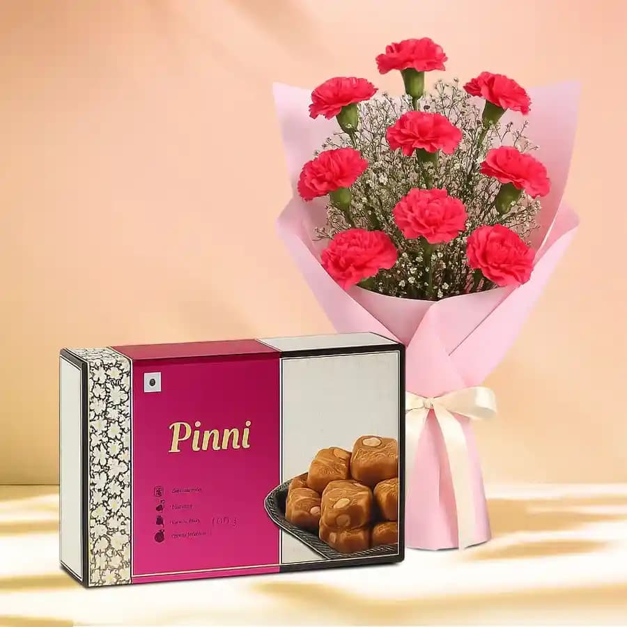 Pinni with Red Carnation Tissue Wrapped Bouquet
