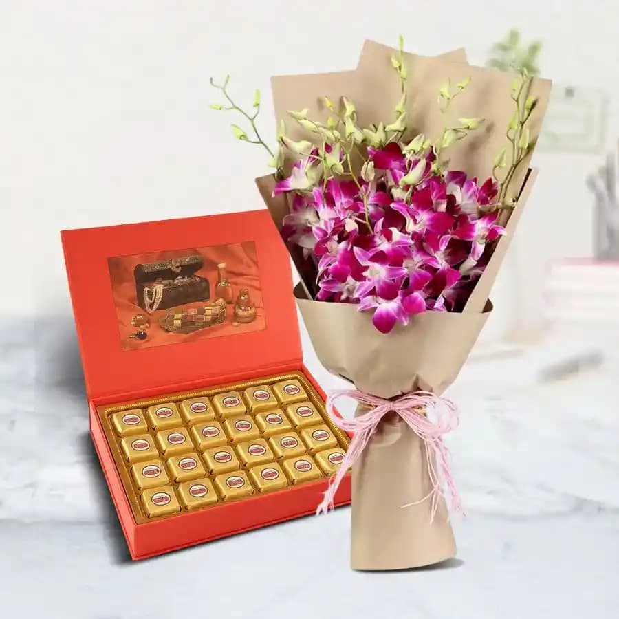 Bikanervala Mewa Bite Orange with Orchid Bouquet