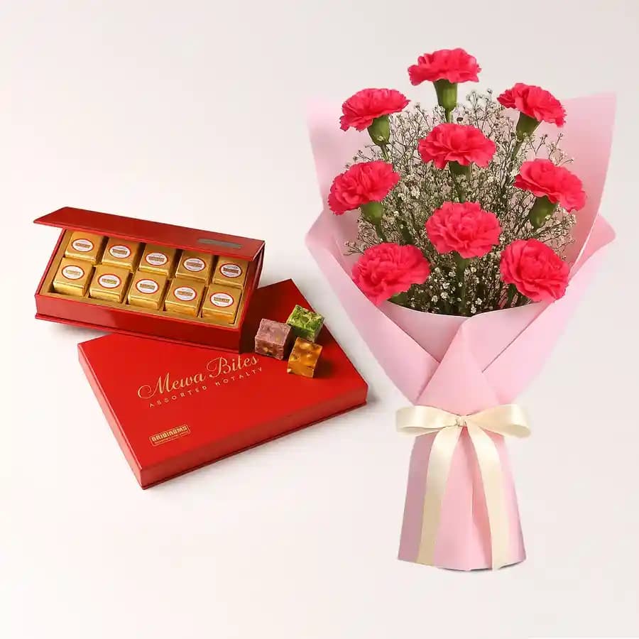 Bikanervala Mewa Bite Orange with Red Carnation Bouquet