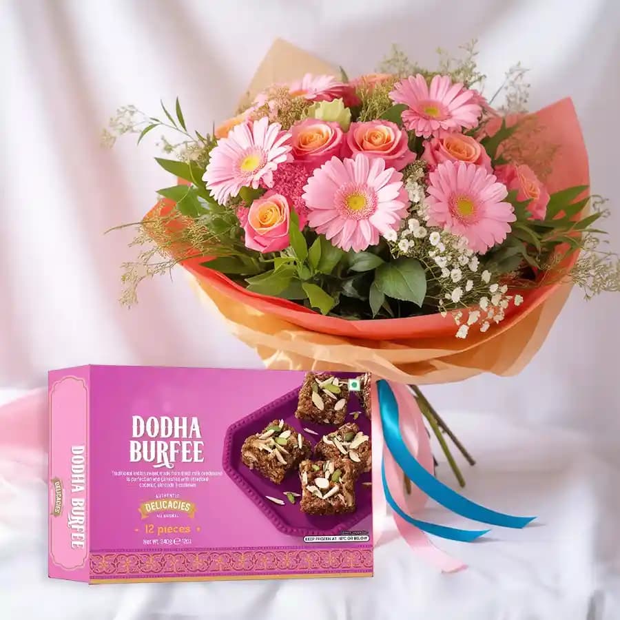 Dhoda Burfi with Seasonal Flower Bouquet