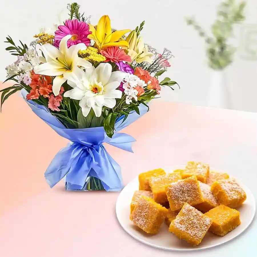 Coconut Burfi with Seasonal Flower Bouquet