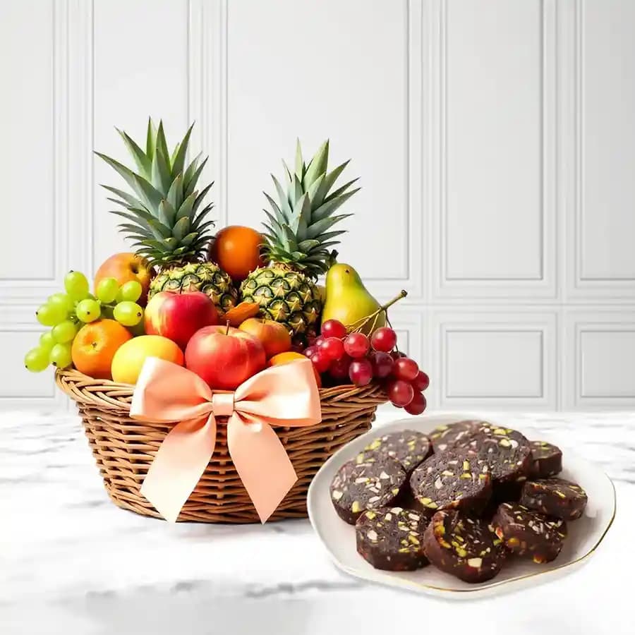 Dry Fruit Dates Roll from Shree Mithai with Fresh Fruit Basket