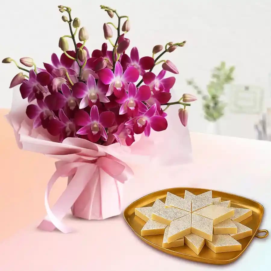 Palmsugar Kaju Kathily from Adyar Ananda Bhawan with Orchid Bouquet