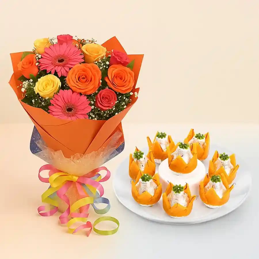 Badam Kalash from Dadus with Seasonal Flower Bouquet