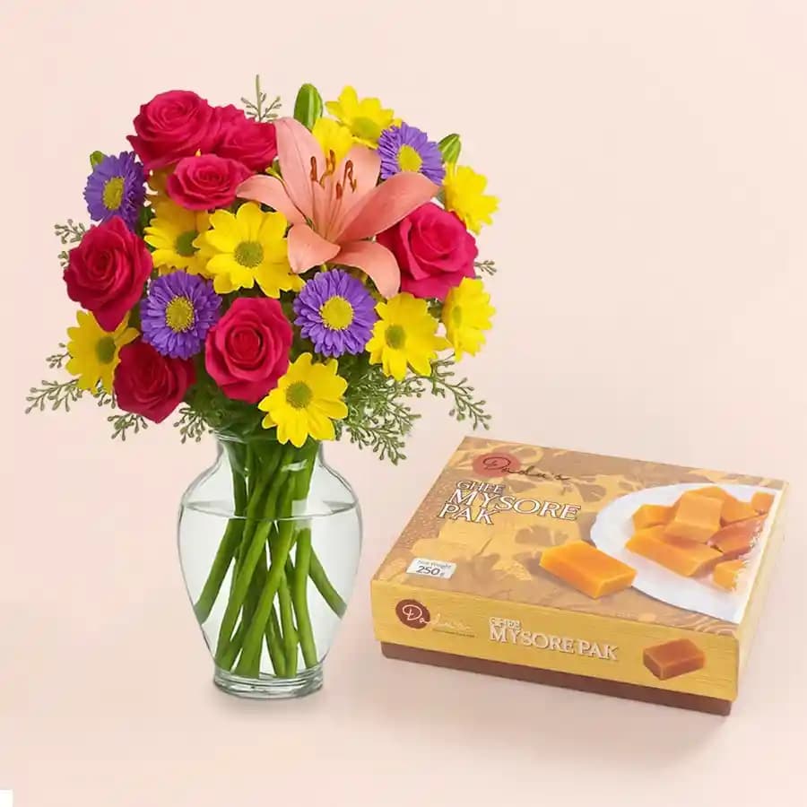 Ghee Mysorepak from Dadus with a Mixed Flower Arrangement