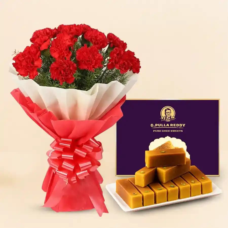 Milk Mysorepak from G Pulla Reddy with Red Carnation Bouquet