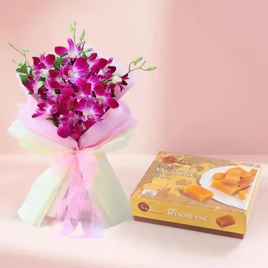 Ghee Mysorepak from Dadus with Orchid Bouquet
