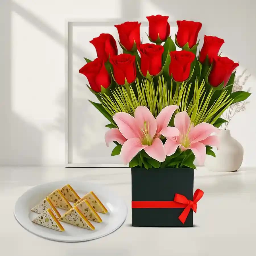 Kaju Pista Sandwich from Almond House with Designer Flower Arrangement