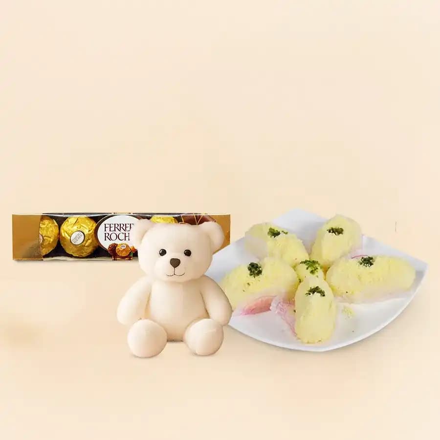 Irresistible Malai Chum Chum Gift Set with Cuddle Buddy and Chocolates