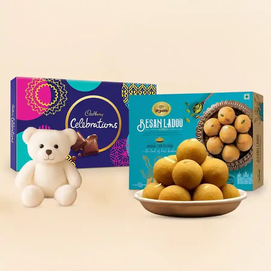 Joyful Moments with Besan Laddu & Cuddly Teddy