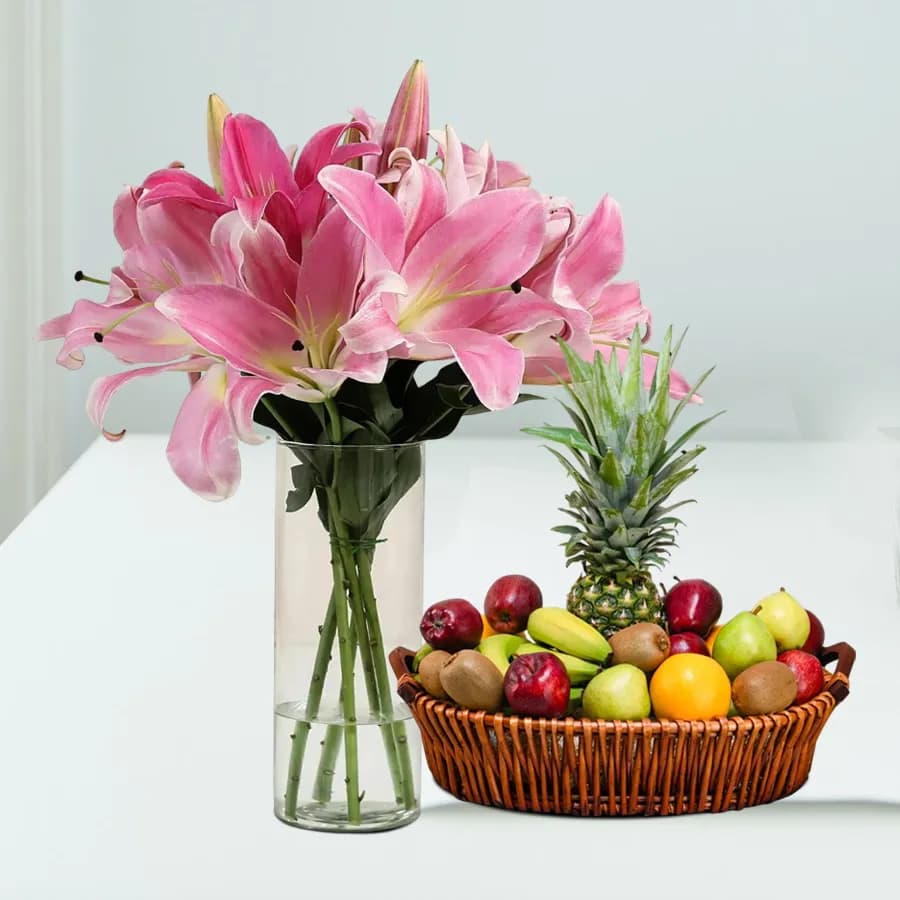 Marvellous Fresh Fruits Basket with Pink Lilies