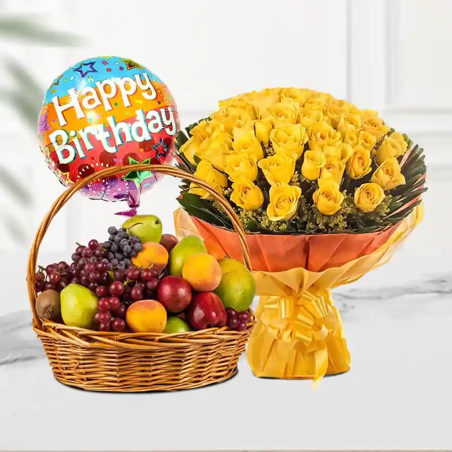 Delightful Fresh Fruits Basket with Yellow Rose Bouquet