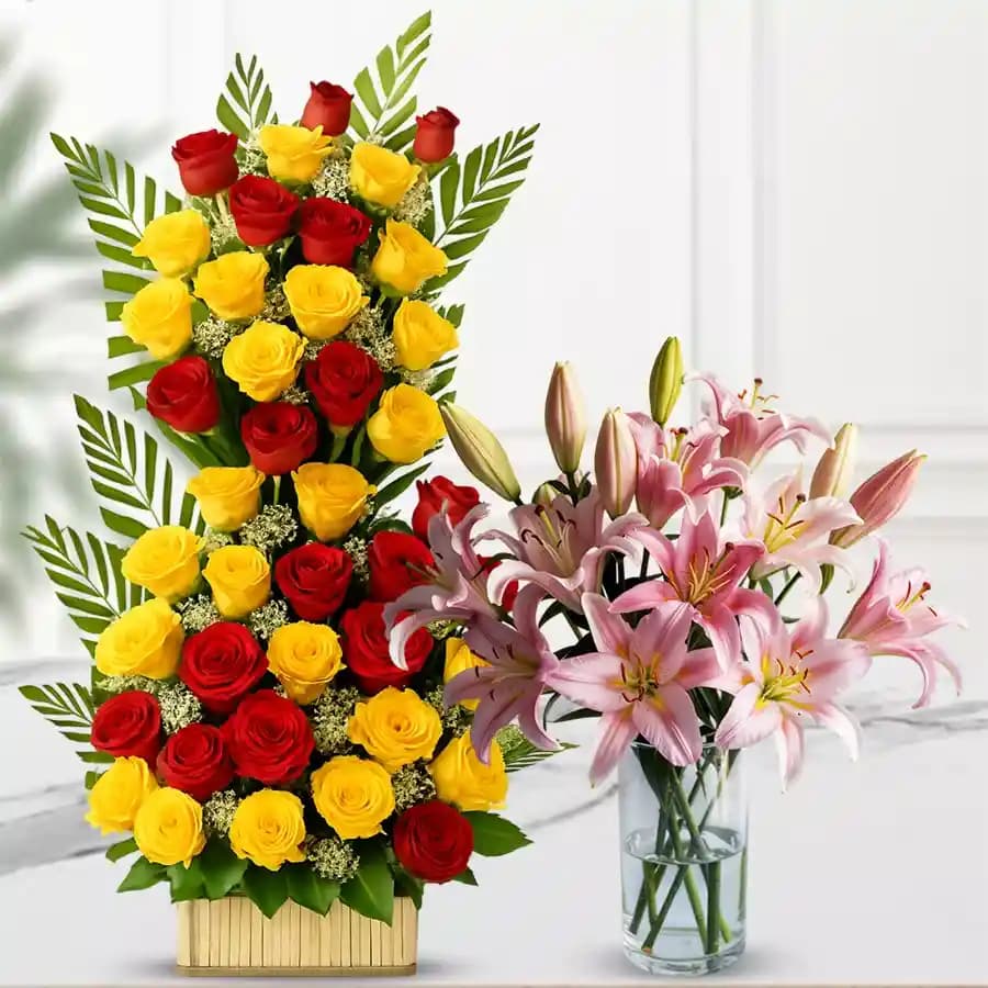 Eye-Catching Roses Tall Basket with Lilies in Vase