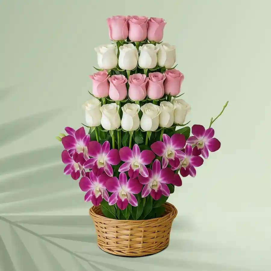Enchanting Floral Basket of Roses and Orchids