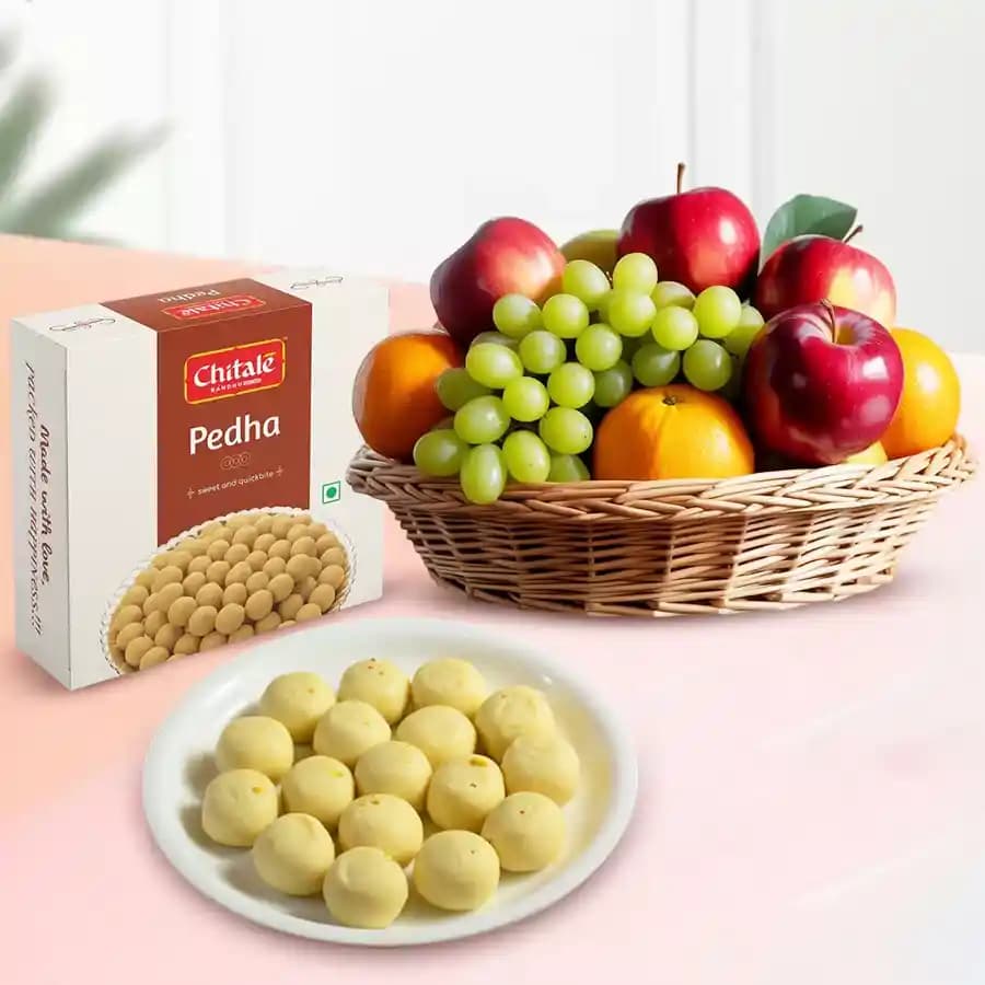 Sakhari Pedha from Chitale Bandhu Mithaiwale with Fresh Fruit Basket