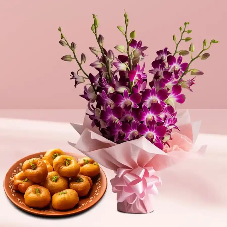 Balushahi from Karachi Sweet Mart with Orchid Bouquet
