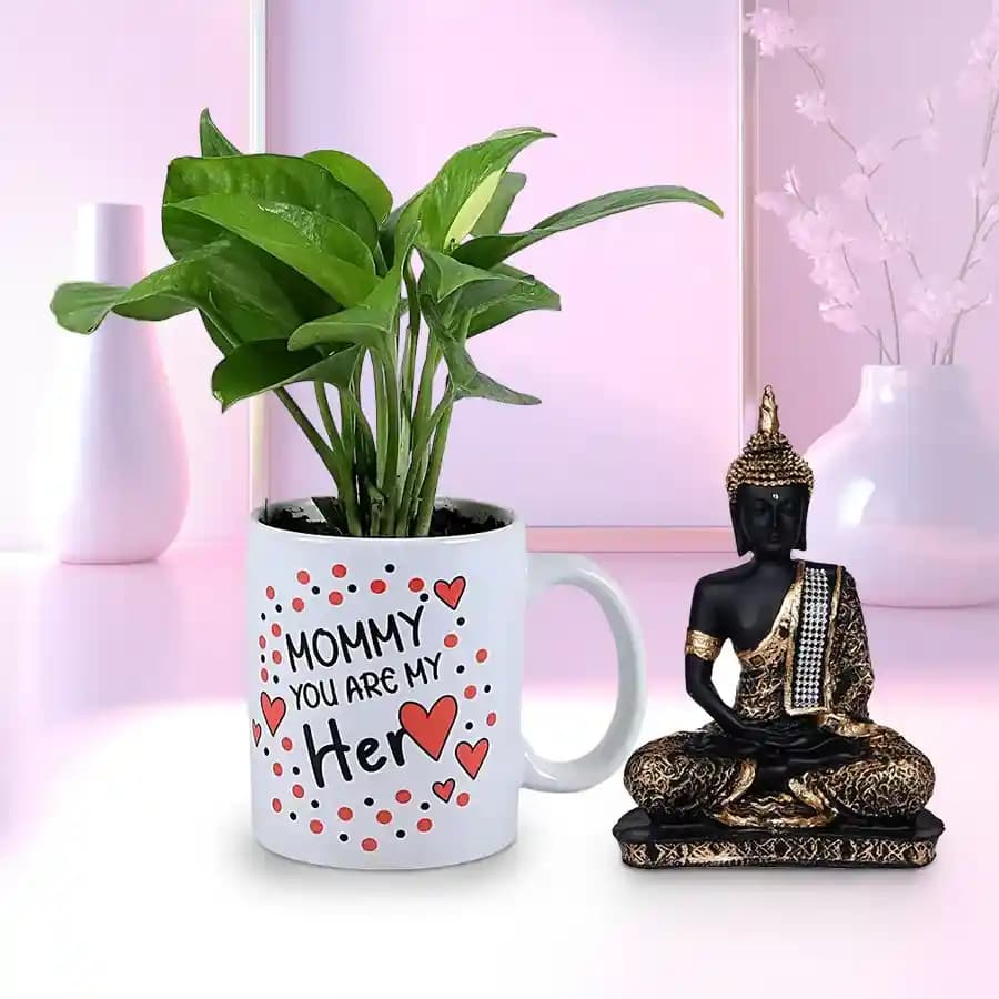 Enchanting Money Plant in Personalized Mug with Gautam Buddha Idol